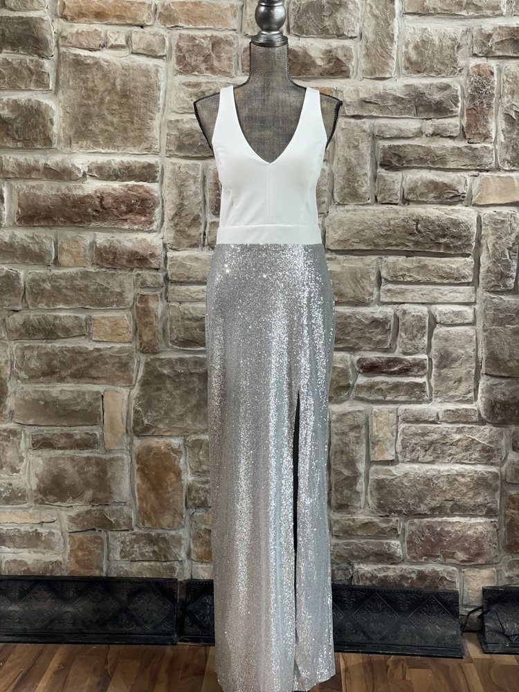 City Studio White and Silver Cross Back Sequin Skirt Gown, Size 15/16