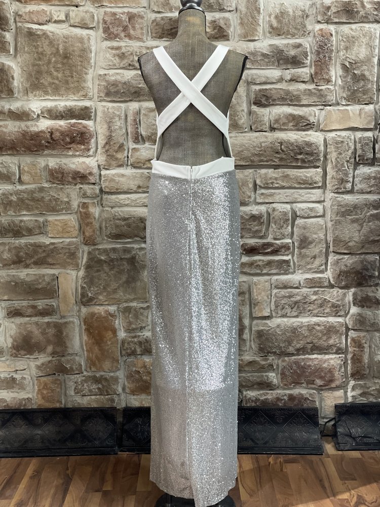 City Studio White and Silver Cross Back Sequin Skirt Gown, Size 15/16