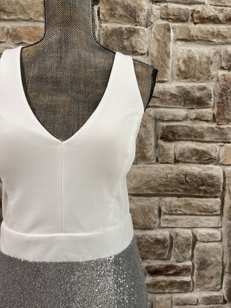 City Studio White and Silver Cross Back Sequin Skirt Gown, Size 15/16