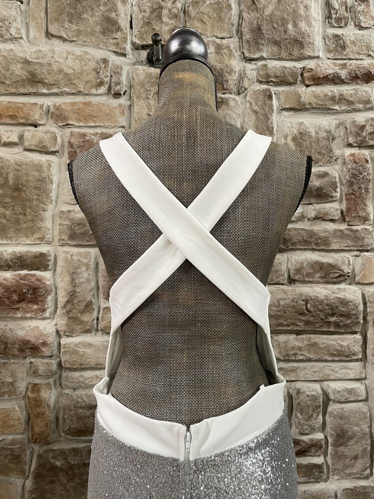 City Studio White and Silver Cross Back Sequin Skirt Gown, Size 15/16