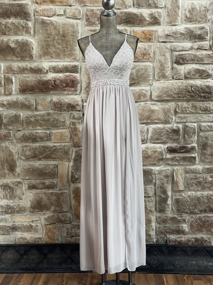 Emerald Sundae Silver Embellished Waist Lace Zipper Back Gown, Size M