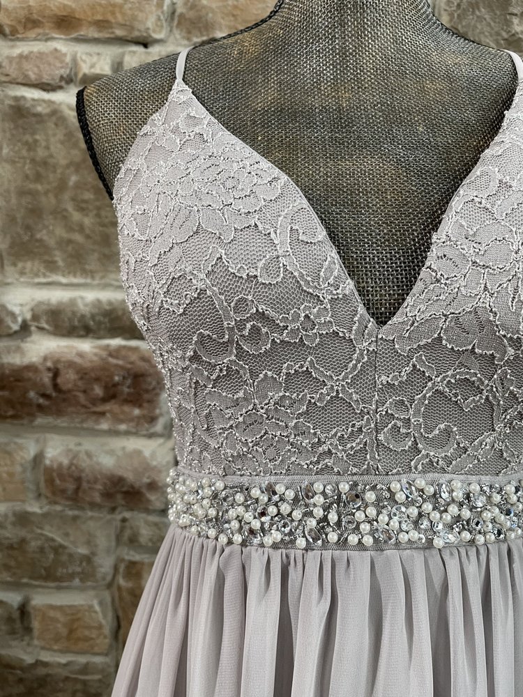 Emerald Sundae Silver Embellished Waist Lace Zipper Back Gown, Size M