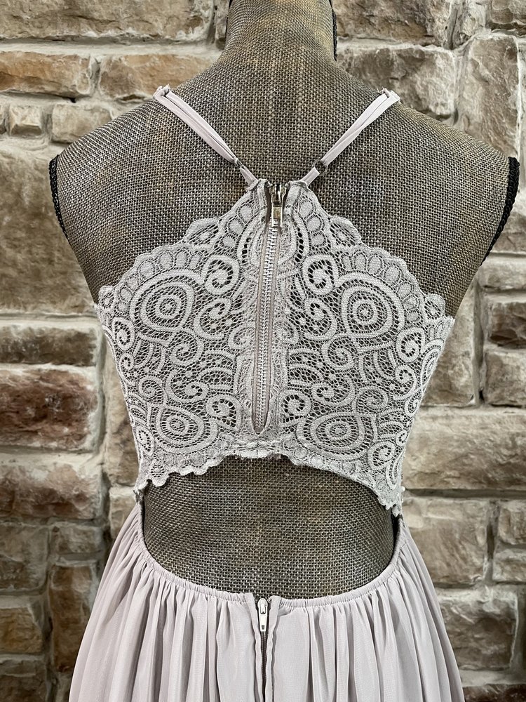 Emerald Sundae Silver Embellished Waist Lace Zipper Back Gown, Size M