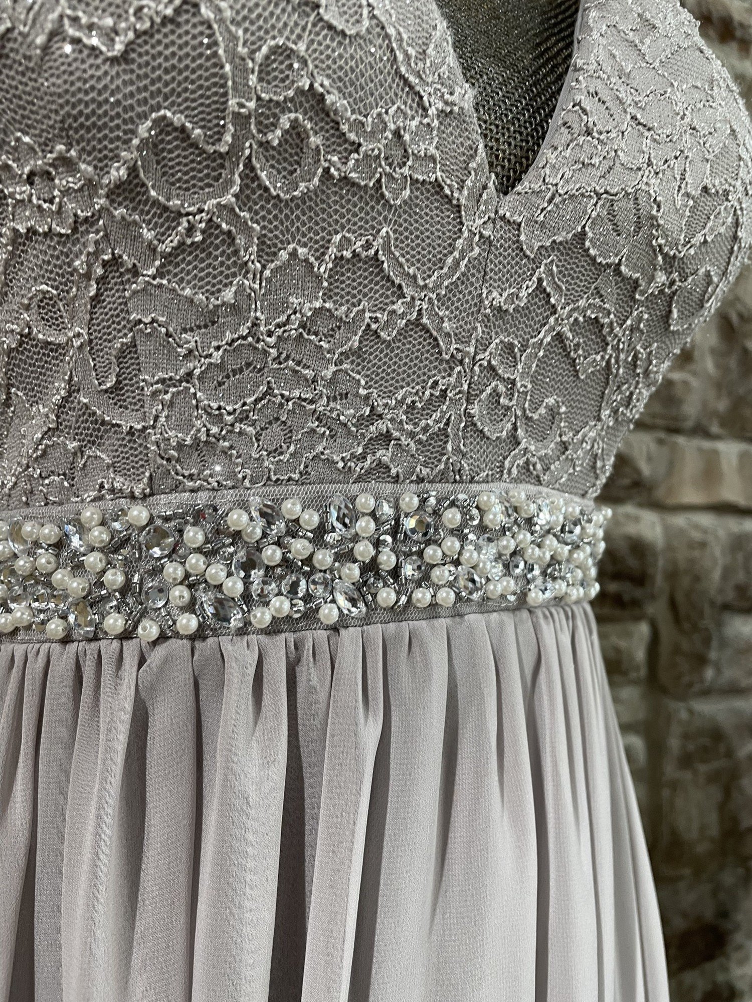 Silver Embellished Waist Lace Zipper Back Gown, Size M