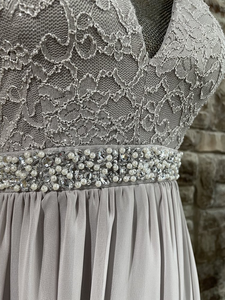 Emerald Sundae Silver Embellished Waist Lace Zipper Back Gown, Size M