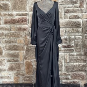 Cinderella Divine Black Long Sleeve Side Draped Satin Gown, Size 16
