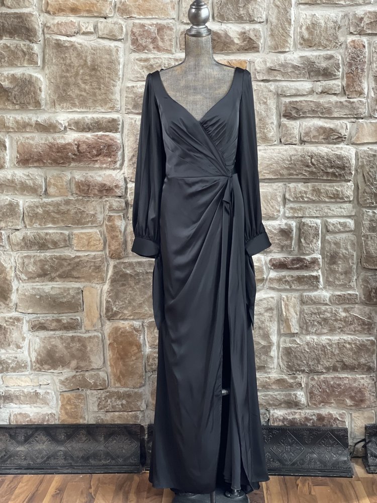 Cinderella Divine Black Long Sleeve Side Draped Satin Gown, Size 16