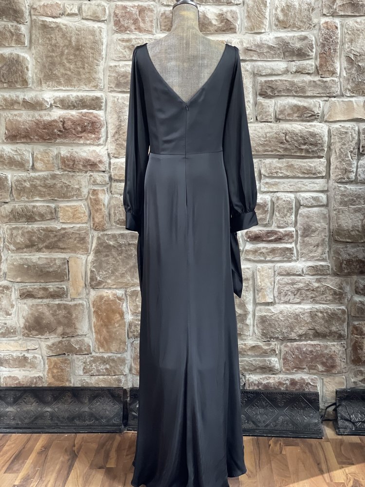 Cinderella Divine Black Long Sleeve Side Draped Satin Gown, Size 16