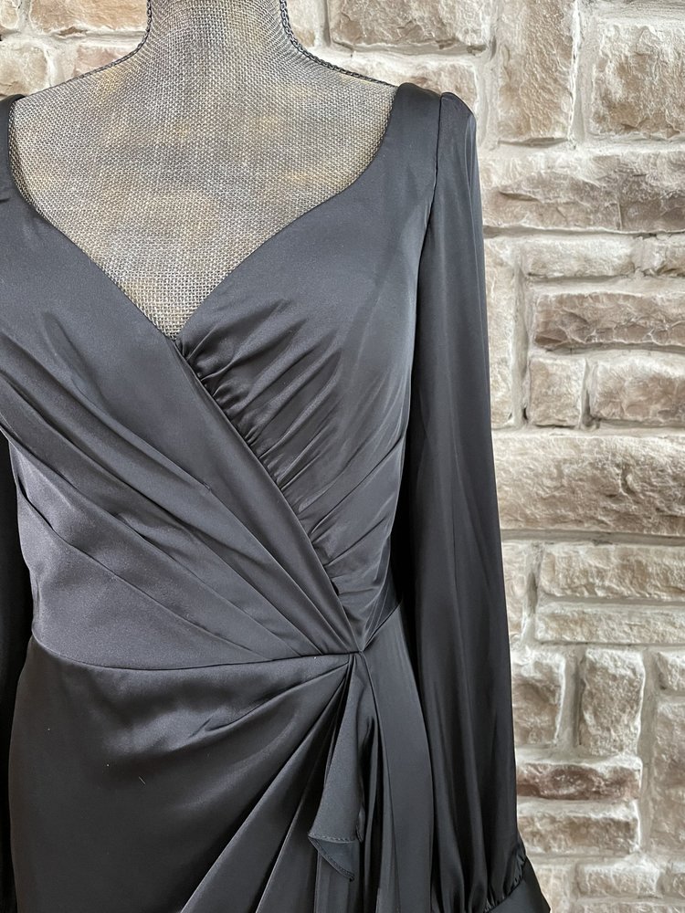 Cinderella Divine Black Long Sleeve Side Draped Satin Gown, Size 16