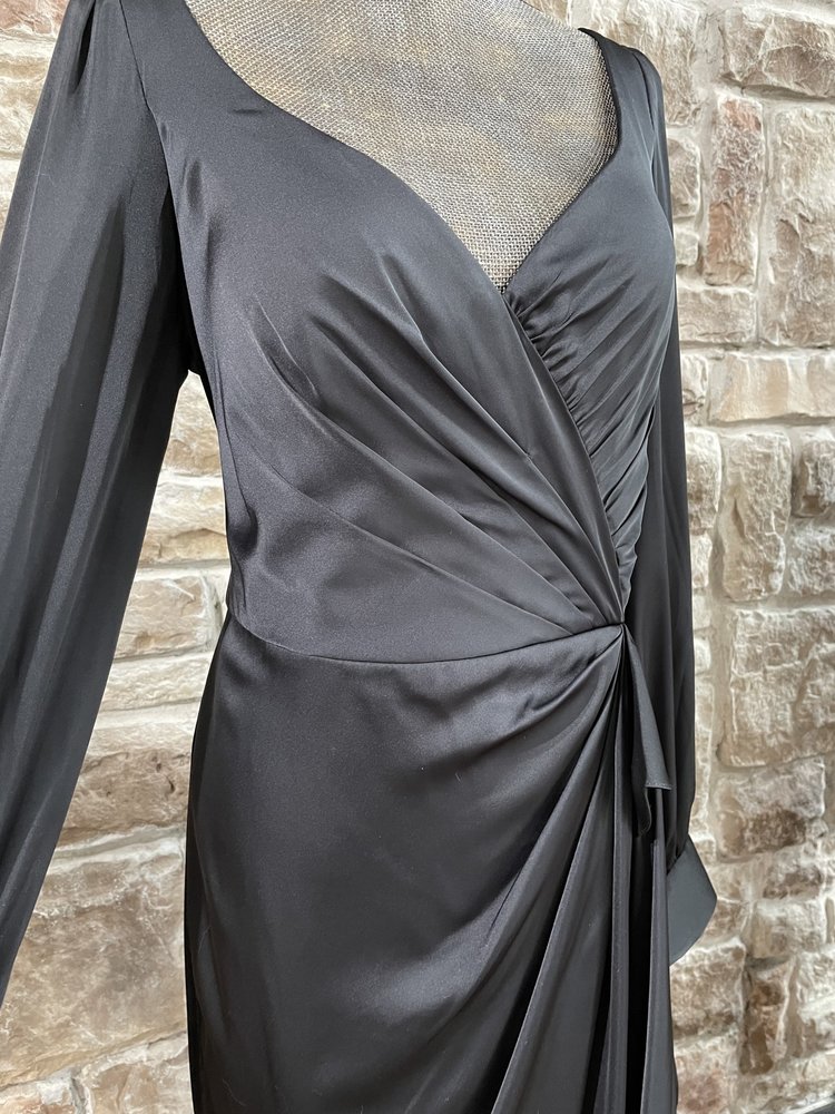 Cinderella Divine Black Long Sleeve Side Draped Satin Gown, Size 16