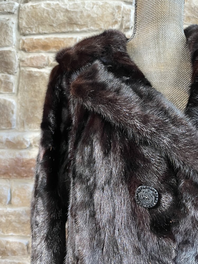 Dark Paw Mahogany Mink Coat with Rose Buttons, Size L