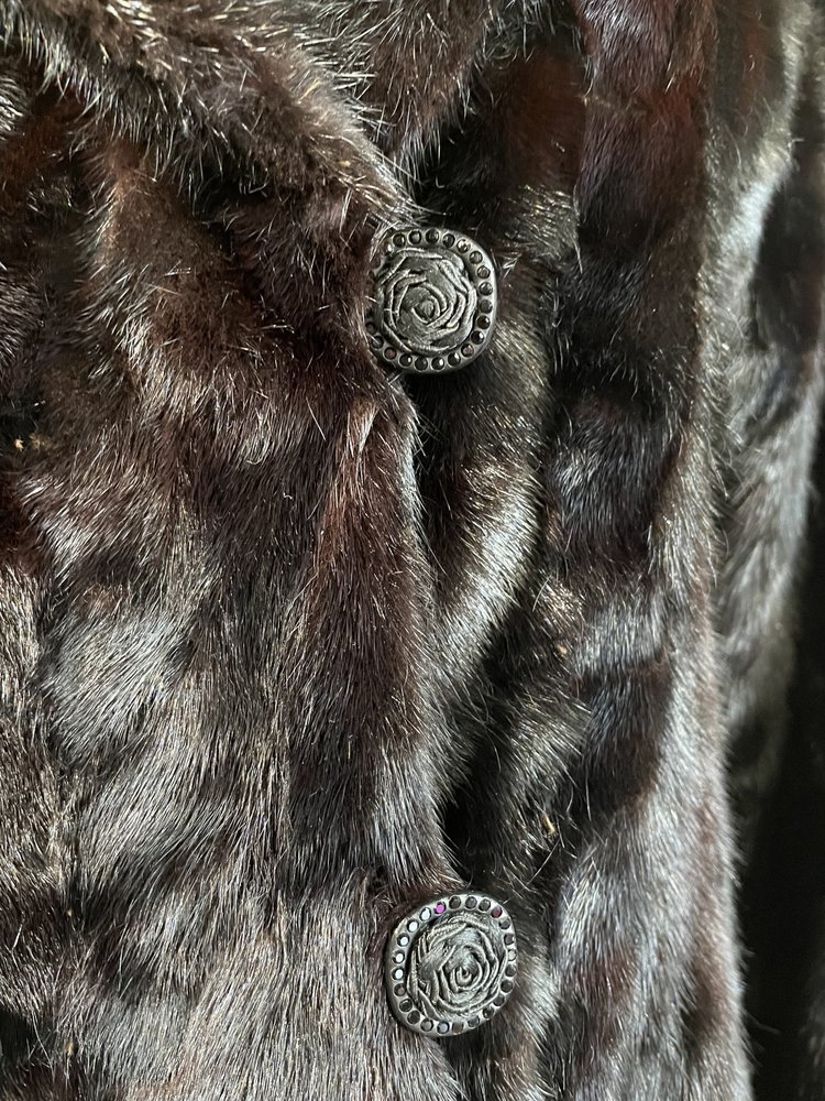 Dark Paw Mahogany Mink Coat with Rose Buttons, Size L
