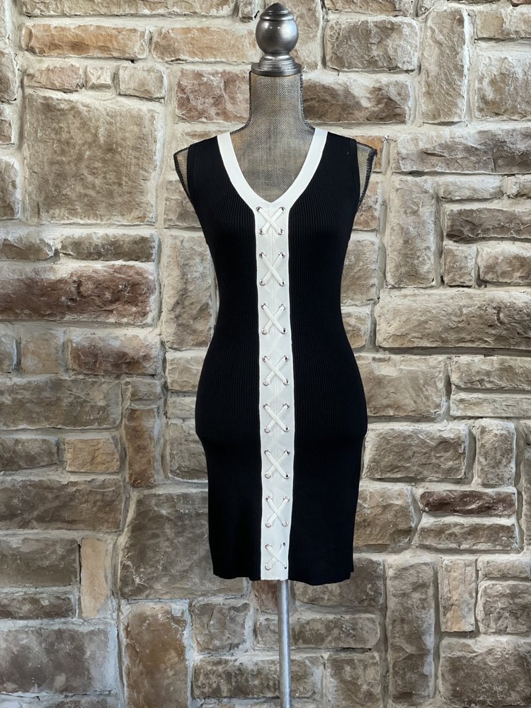 Planet Gold Black and White Knit Dress w/ Lace Up Front, Size XL