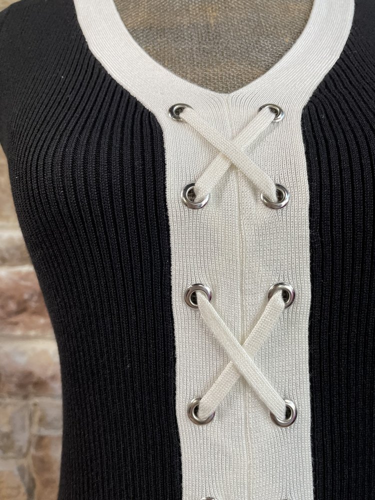 Planet Gold Black and White Knit Dress w/ Lace Up Front, Size XL
