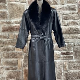 Vagneleimm Furs Black Leather Long Coat w/ Black Fox Tuxedo Trim, Size L