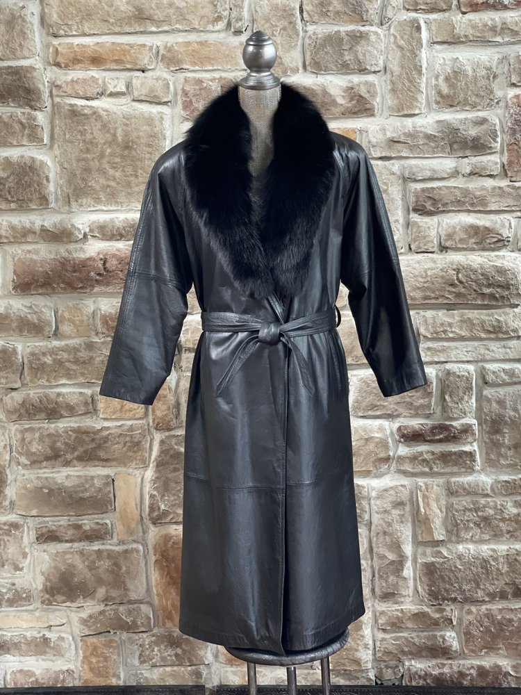 Vagneleimm Furs Black Leather Long Coat w/ Black Fox Tuxedo Trim, Size L