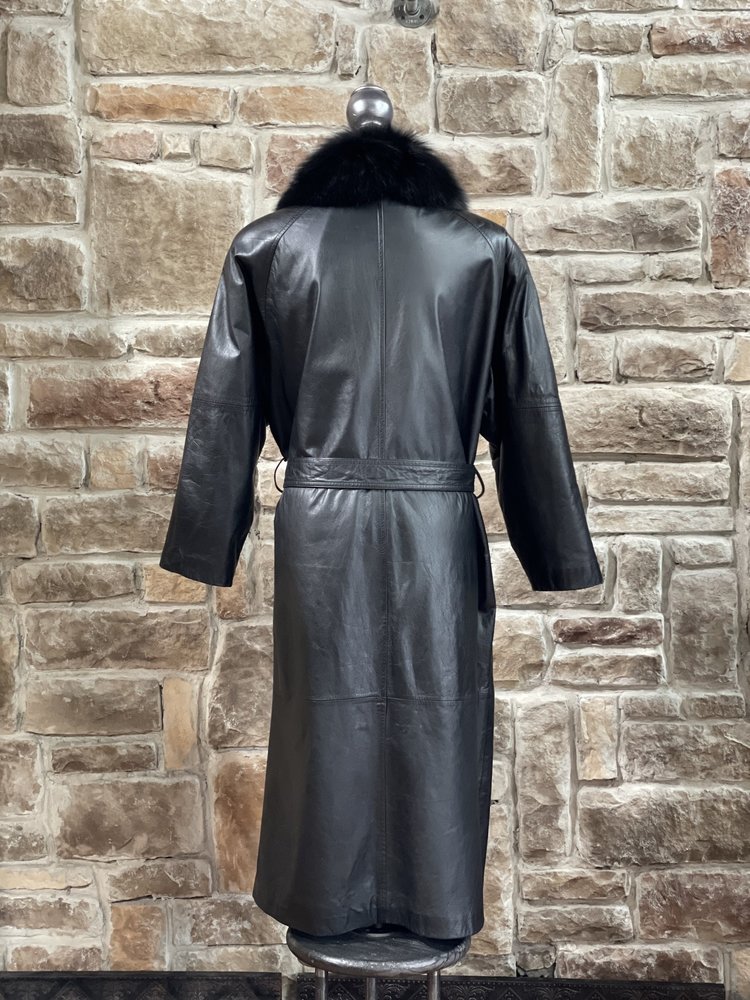 Vagneleimm Furs Black Leather Long Coat w/ Black Fox Tuxedo Trim, Size L