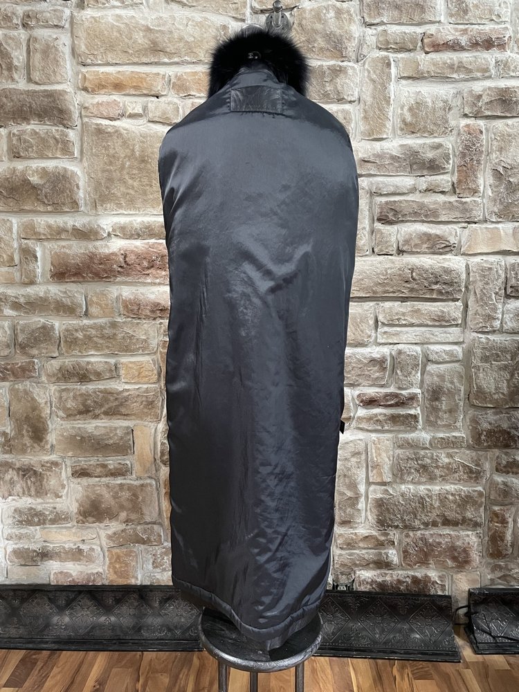 Vagneleimm Furs Black Leather Long Coat w/ Black Fox Tuxedo Trim, Size L