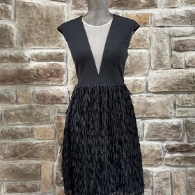 Aidan Mattox Black Mesh Insert Fringe Bottom Dress, Size 8