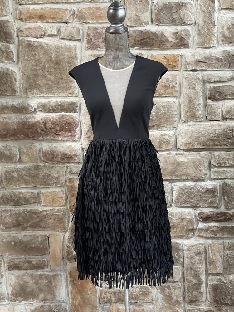 Aidan Mattox Black Mesh Insert Fringe Bottom Dress, Size 8