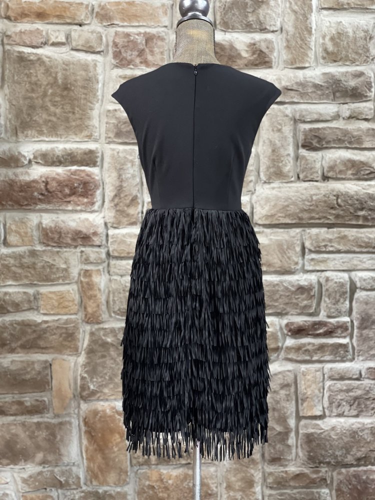 Aidan Mattox Black Mesh Insert Fringe Bottom Dress, Size 8