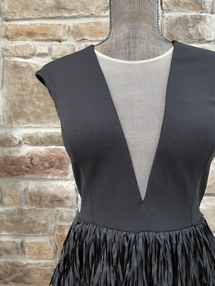 Aidan Mattox Black Mesh Insert Fringe Bottom Dress, Size 8