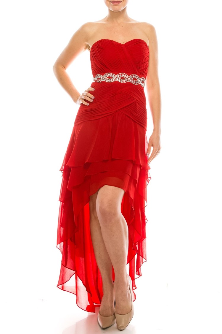 Decode 1.8 Red Sweetheart Jeweled Waist Ruffled Hi-Lo Chiffon Gown, Size 16