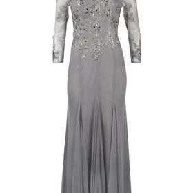 Decode 1.8 Light Gray Gold Embroidered Mesh Gown w/ Sleeves, Size 10