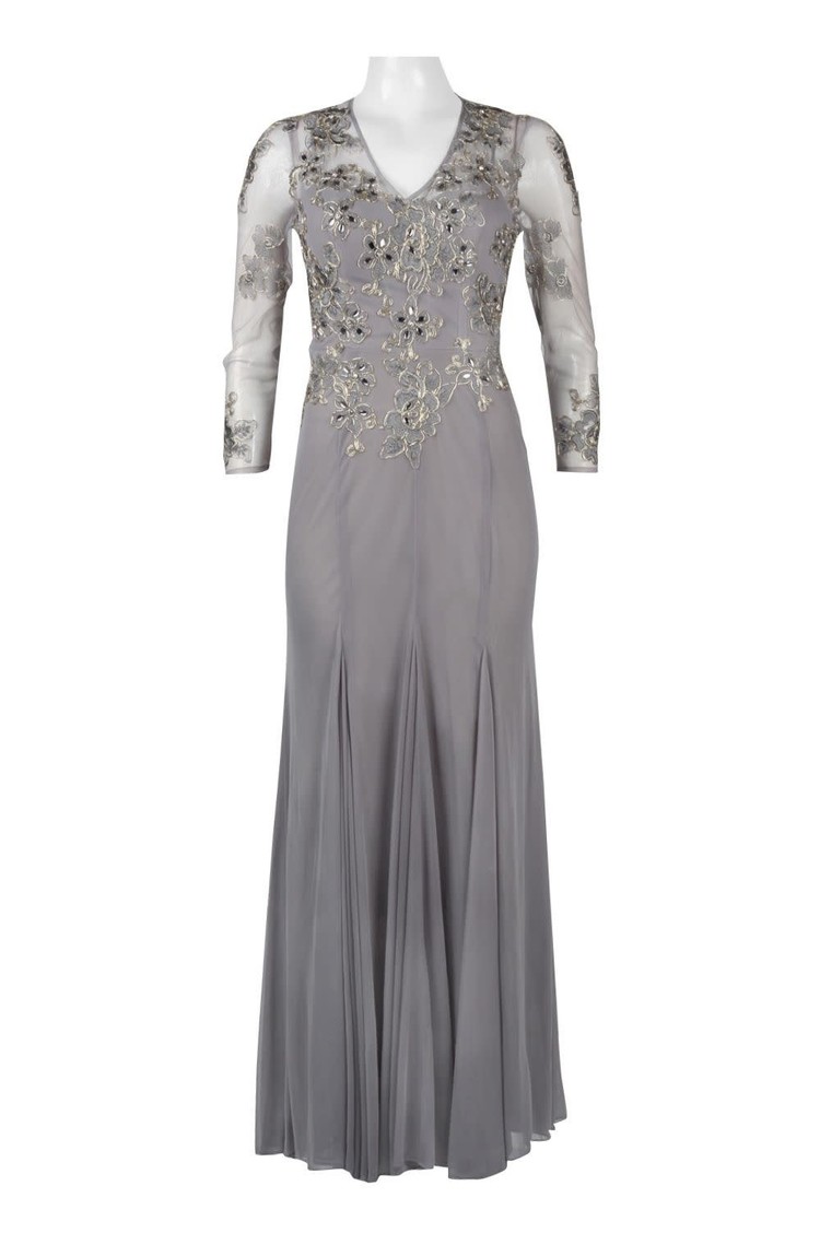 Decode 1.8 Light Gray Gold Embroidered Mesh Gown w/ Sleeves, Size 10