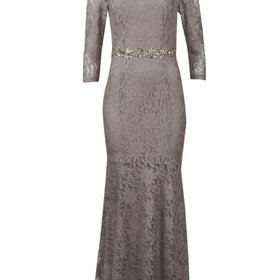 Decode 1.8 Taupe Embellished Waist Illusion Boat Neck Gown w/ Sleeves, Size 6