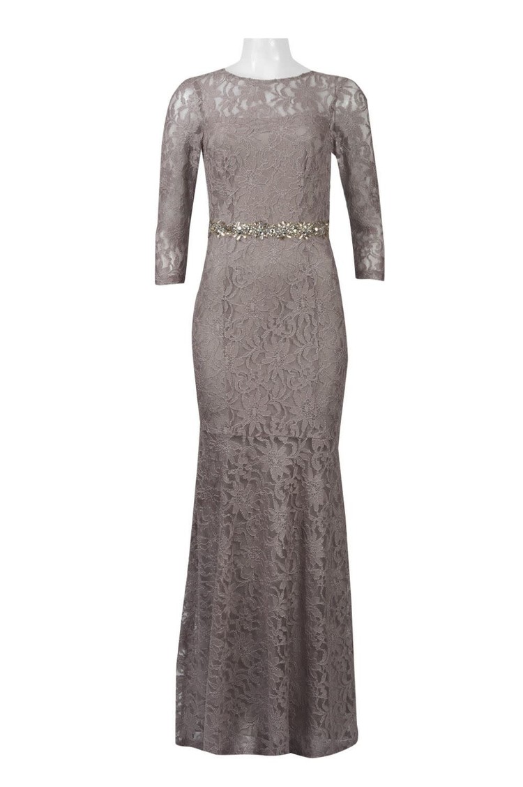 Decode 1.8 Taupe Embellished Waist Illusion Boat Neck Gown w/ Sleeves, Size 6