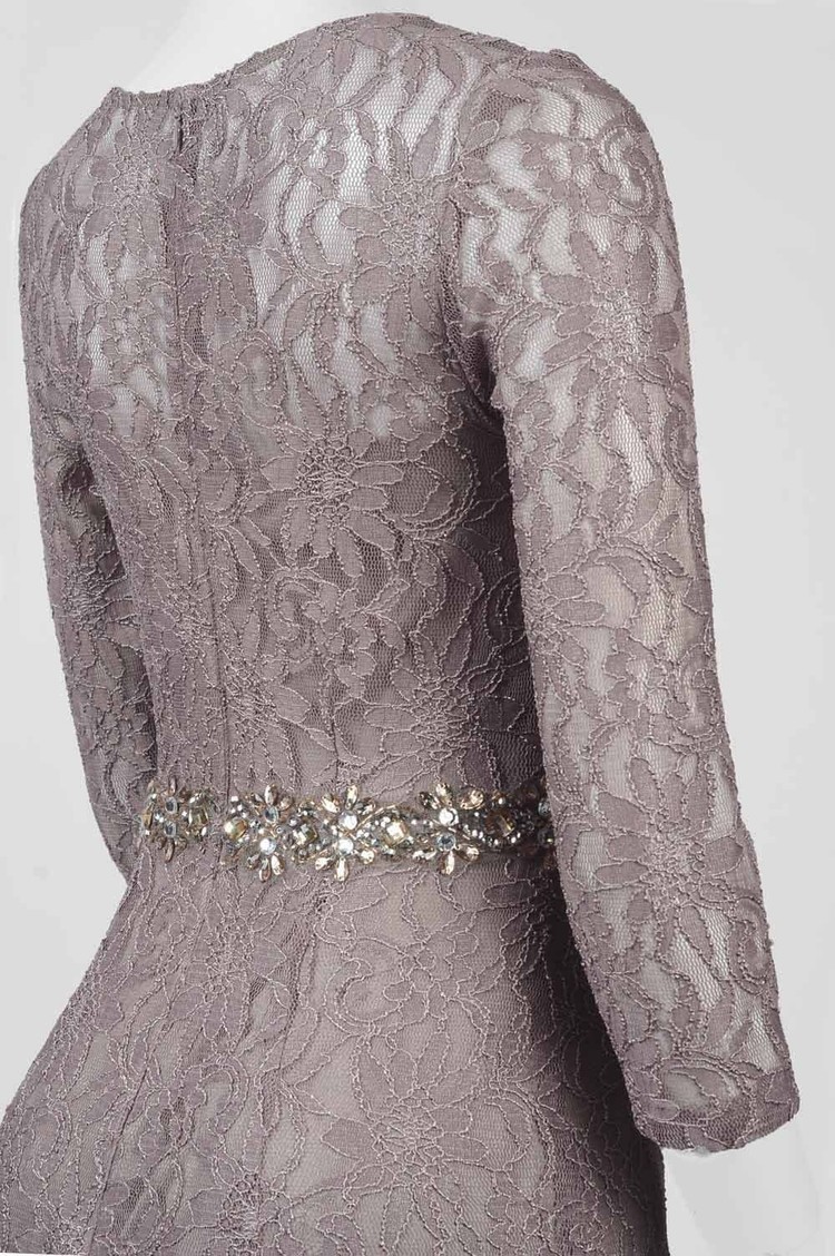 Decode 1.8 Taupe Embellished Waist Illusion Boat Neck Gown w/ Sleeves, Size 6