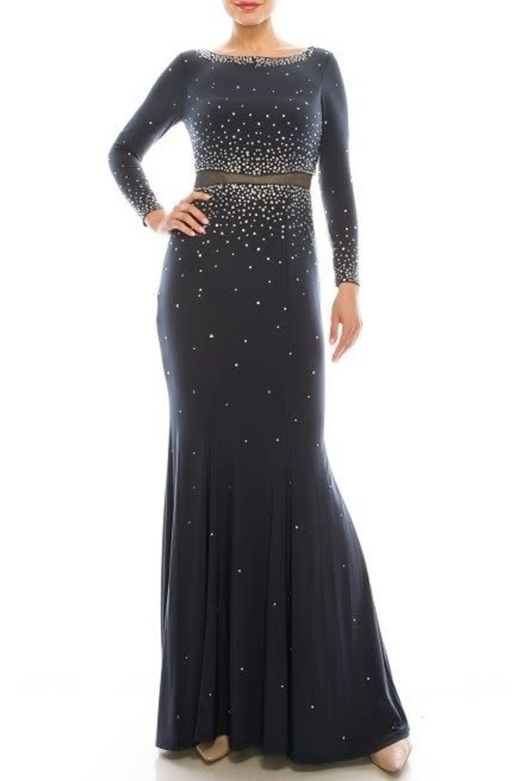 Decode 1.8 Gray Mesh Waist Embellished Gown w/ Sleeves, Size 16