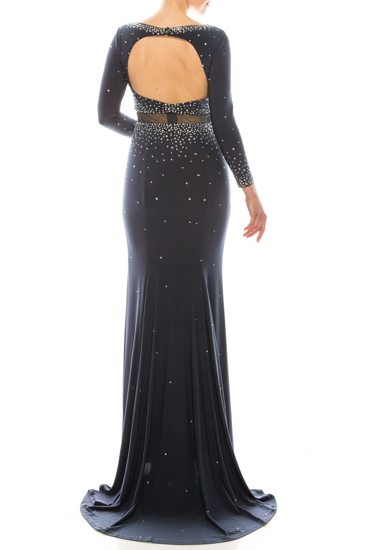 Decode 1.8 Gray Mesh Waist Embellished Gown w/ Sleeves, Size 16