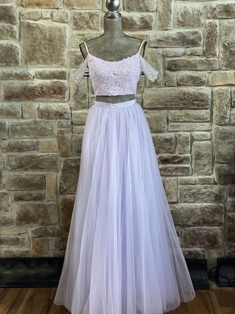 Sherri Hill Lilac Purple Chandelier Cold Shoulder Two Piece Gown, Size 4