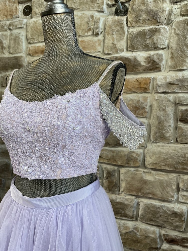 Sherri Hill Lilac Purple Chandelier Cold Shoulder Two Piece Gown, Size 4