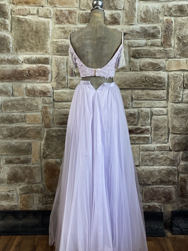Sherri Hill Lilac Purple Chandelier Cold Shoulder Two Piece Gown, Size 4