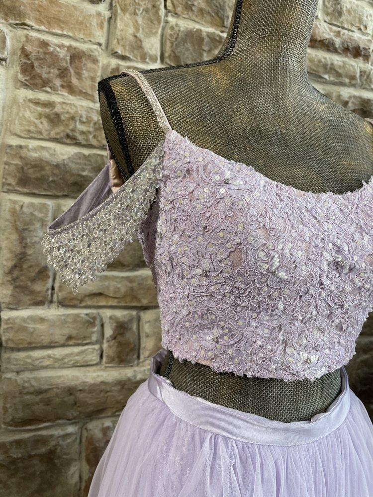 Sherri Hill Lilac Purple Chandelier Cold Shoulder Two Piece Gown, Size 4