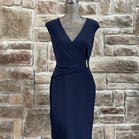 Ralph Lauren Navy Ruched V-Neck Gold Bar Dress, Size 6P