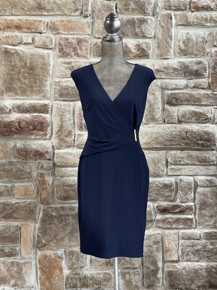 Ralph Lauren Navy Ruched V-Neck Gold Bar Dress, Size 6P