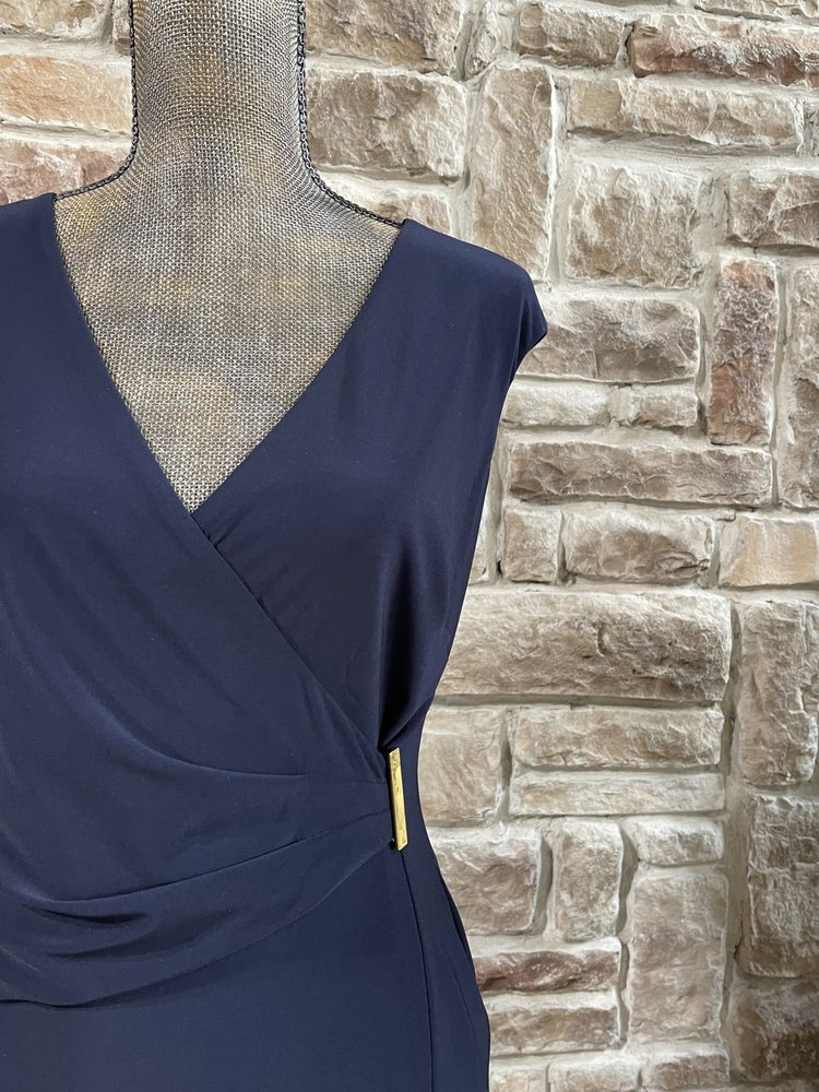 Ralph Lauren Navy Ruched V-Neck Gold Bar Dress, Size 6P