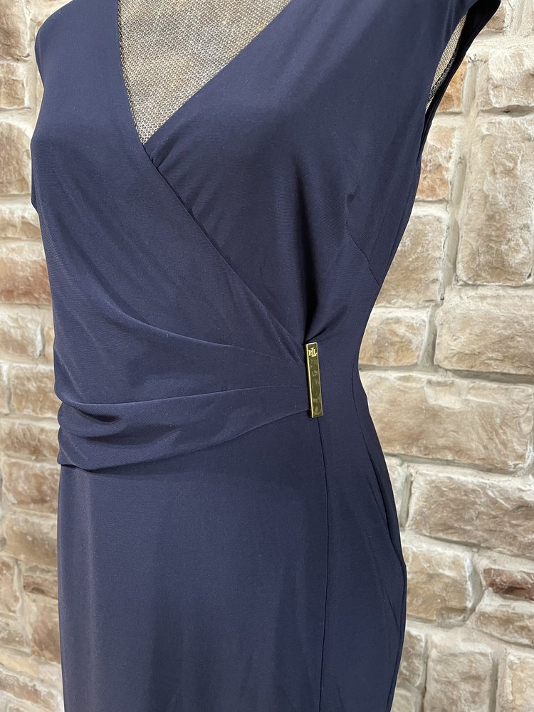 Ralph Lauren Navy Ruched V-Neck Gold Bar Dress, Size 6P