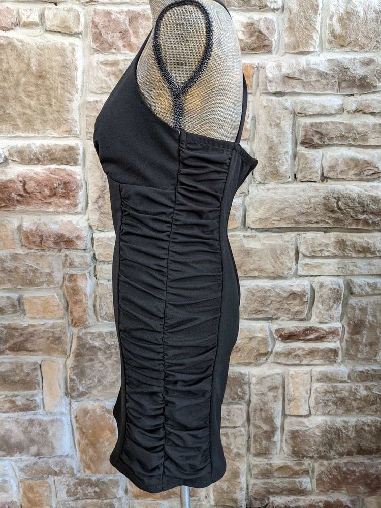 City Studio Black Side-Ruched Bodycon Dress with Cross Back, Size L