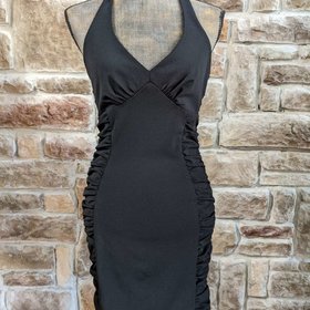 City Studio Black Side-Ruched Bodycon Dress with Cross Back, Size L