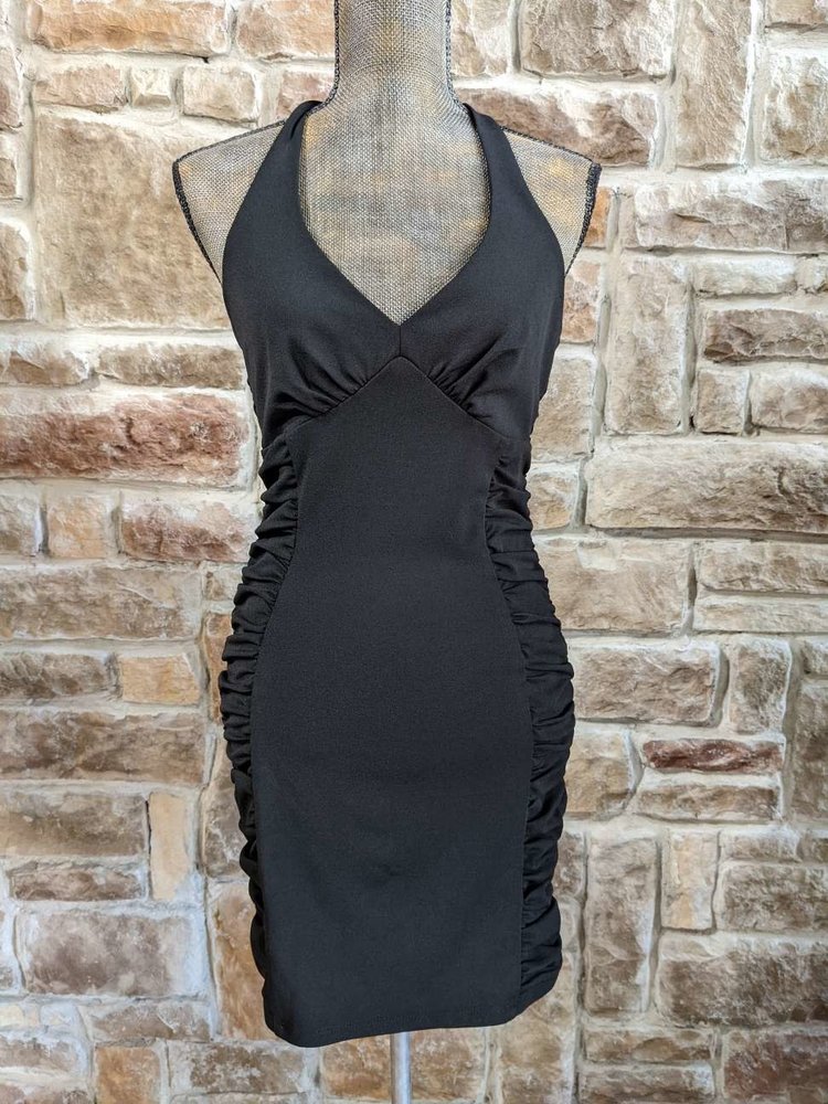 City Studio Black Side-Ruched Bodycon Dress with Cross Back, Size L