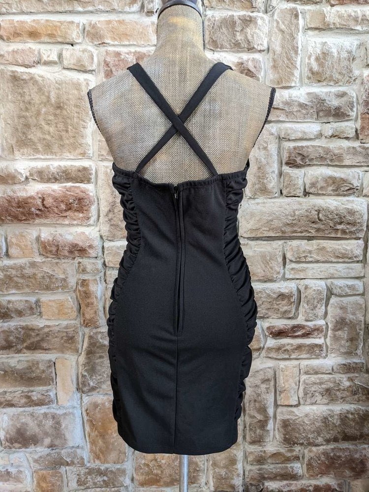 City Studio Black Side-Ruched Bodycon Dress with Cross Back, Size L