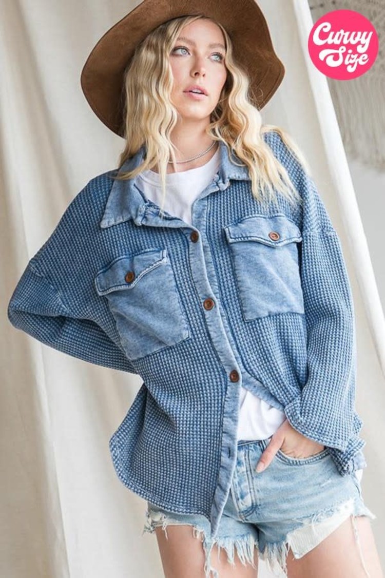 Bucketlist Blue Vintage Wash Waffle Knit Shacket