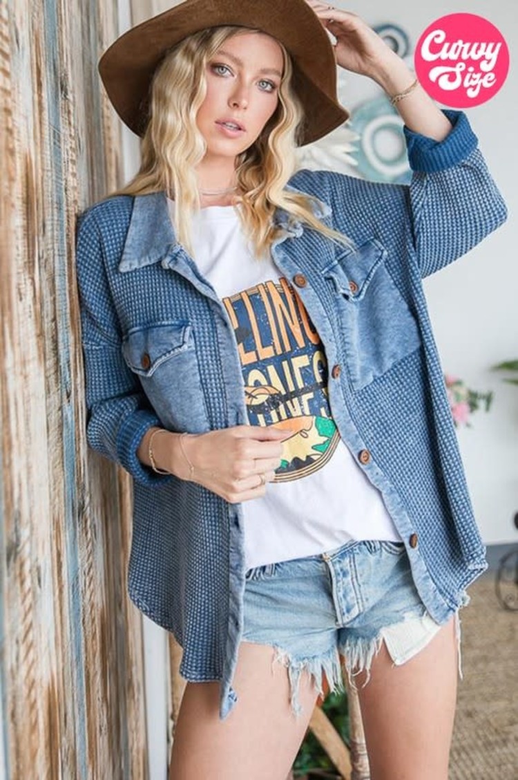 Bucketlist Blue Vintage Wash Waffle Knit Shacket