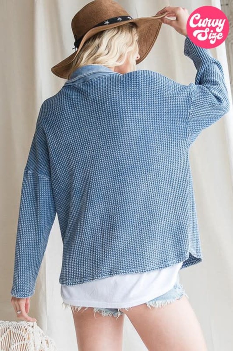 Bucketlist Blue Vintage Wash Waffle Knit Shacket