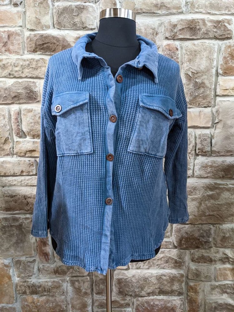 Bucketlist Blue Vintage Wash Waffle Knit Shacket